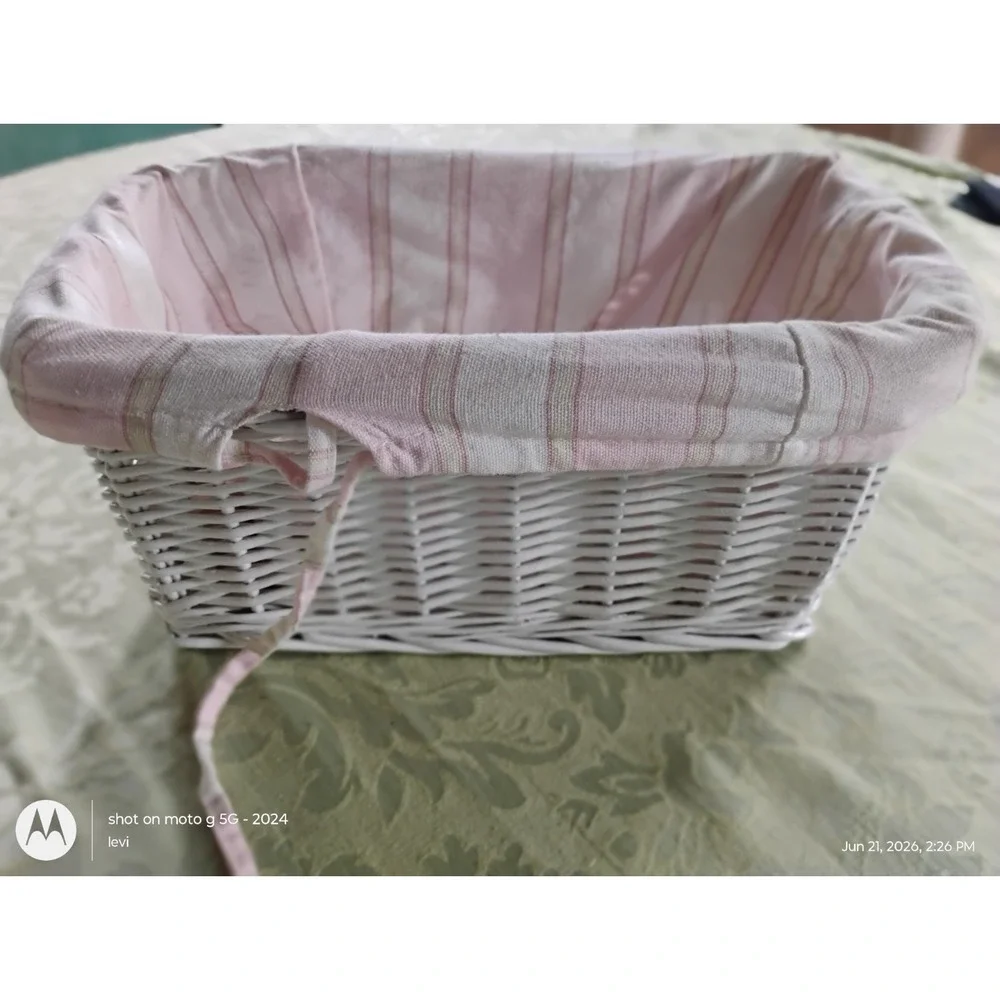 White Wicker Storage Basket Pink Striped Fabric Lining Rectangular Handcrafted